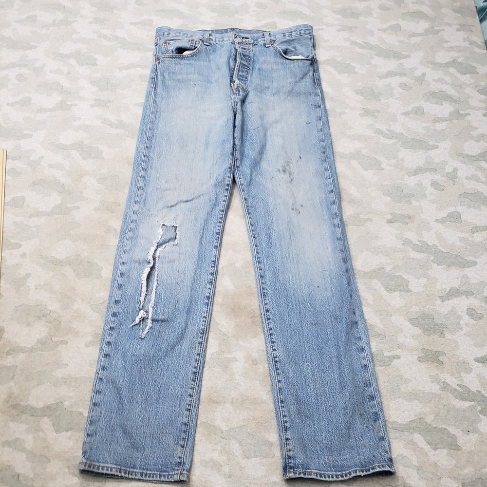 Levi's 501 Jeans Mens 34x34 Blue Distressed Straight Denim Light Wash Button Fly